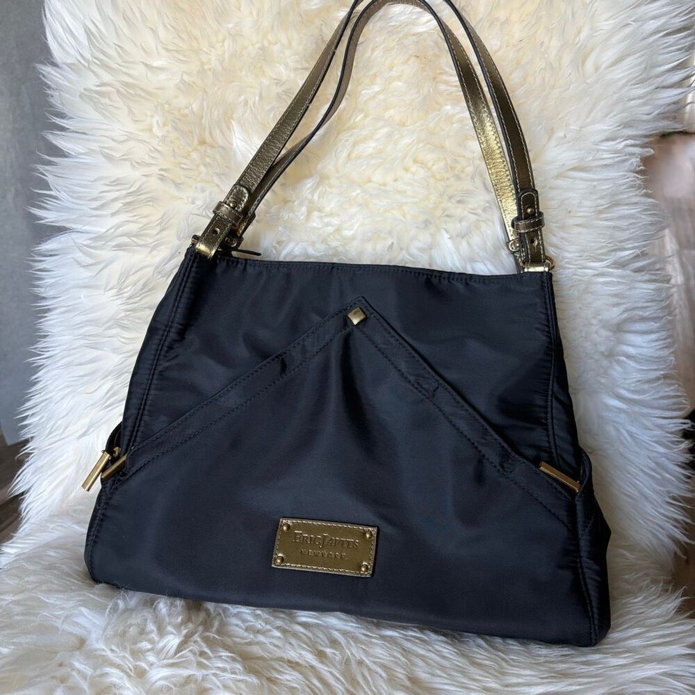 Eric Javits Black Nylon Shoulder Bag Gold Trim Hardware Designer Purse Classic - Picture 2 of 15